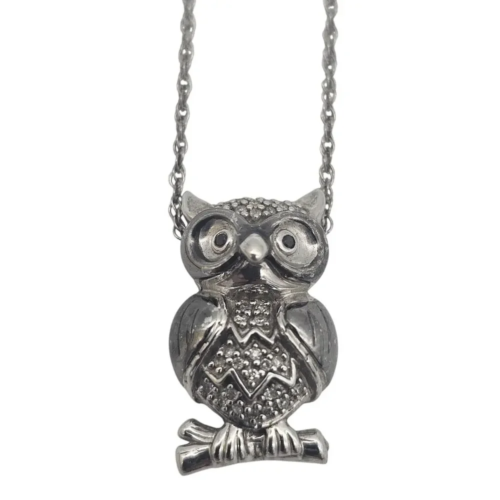 Sterling Silver Owl On The Branch Diamond Pendant with Chain Necklace - Picture 2 of 8